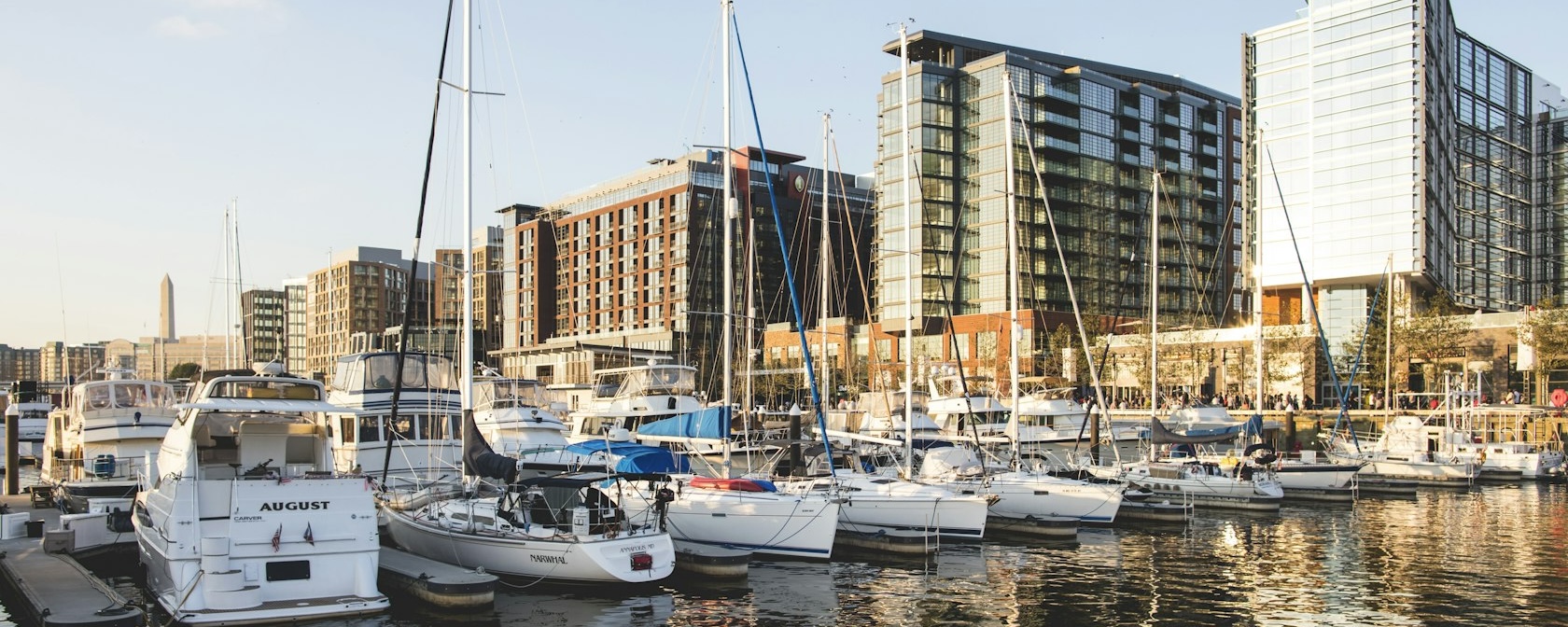 A row of boats docked along the Wharf, with modern buildings in the background and golden light. 